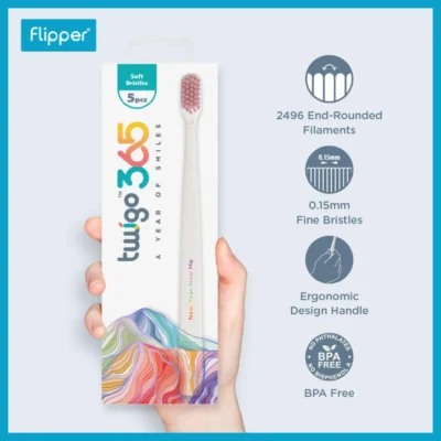 Twigo 365 | ทวิโก 365 | แปรงสีฟันสำหรับผู้ใหญ่แพค 5 ด้าม | ขนแปรงนุ่ม (Soft Bristles) ปลายกลมมน 2496 เส้น